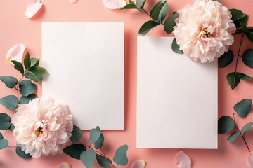 Greeting or invitation blank card, peony flowers and eucalyptus leaves on pink pastel background, copy space. Stylish creative mock up, romantic wedding or holiday celebration concept.