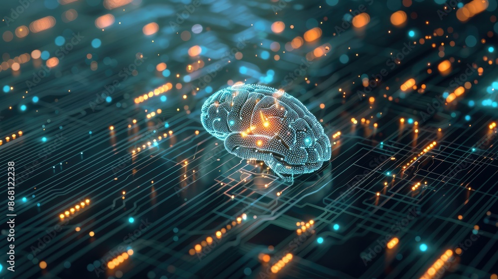 Poster an abstract representation of artificial intelligence with glowing digital brain patterns