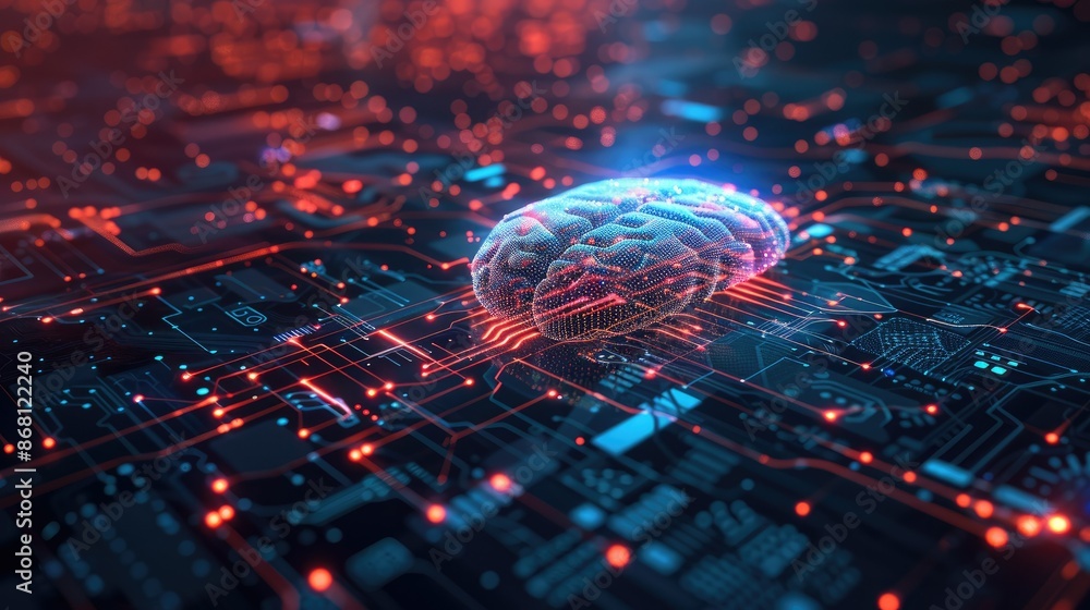 Poster an abstract representation of artificial intelligence with glowing digital brain patterns