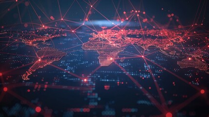 Obraz premium An abstract depiction of global connectivity with glowing lines and dots on a dark map