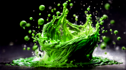 Green Milky falling matcha splash with bubble drops isolated on background, swirl of falling green liquid.