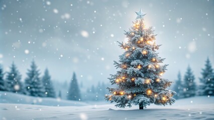 Obraz premium lighted isolated christmas tree in idyllic white snowy landscape, greeting card banner concept with copy space for december holiday season, christmas background