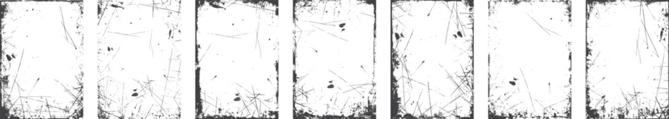 Black grunge texture border frame over white. Overlay of paper texture with scratches retro vinyl album cover. Dirt sketch and dust photo texture graphic filter set. 