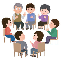 輪になって話し合う複数の人々　自助グループ　会議　イラスト