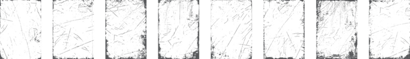 Obraz premium Black grunge texture border frame over white. Overlay of paper texture with scratches retro vinyl album cover. Dirt sketch and dust photo texture graphic filter set. 