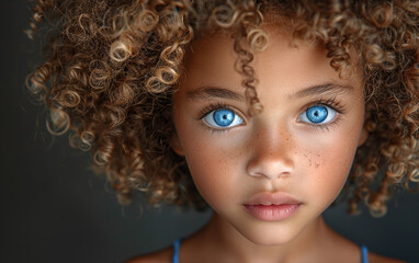 Fototapeta premium A close-up portrait of a young girl with curly brown hair and captivating blue eyes. Her expression is thoughtful and introspective