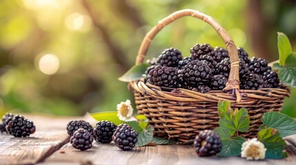 Freshly picked blackberries in a basket on a wooden table