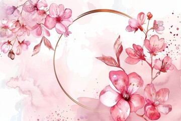 Cherry blossom branch frame with watercolor pink sakura blooming flower border illustrations on a white background