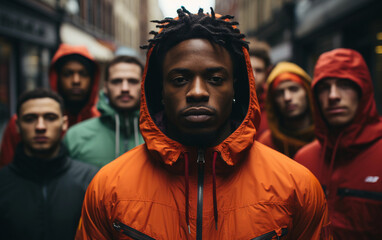 Obraz premium A group of young Black men stand together in an urban alleyway, wearing colorful jackets