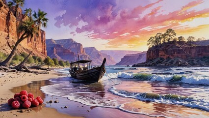 Fototapeta premium Boat on a Secluded Beach at Sunset.