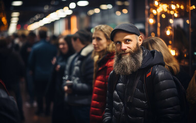 Fototapeta premium A man with a long beard smiles at the camera while standing in a crowded technology exhibition hall