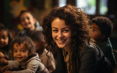 A female teacher with curly brown hair smiles warmly as she interacts with a group of children in a classroom setting