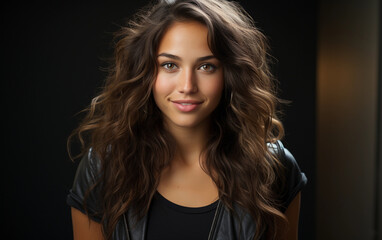 Naklejka premium A young woman with long, wavy brown hair smiles confidently at the camera. She is wearing a black leather jacket and a black shirt