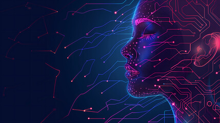 Artificial Intelligence and intricately designed circuit patterns interwoven to form the profile of an AI humanoid face, with neon blue and pink lines representing data flow on dark background.