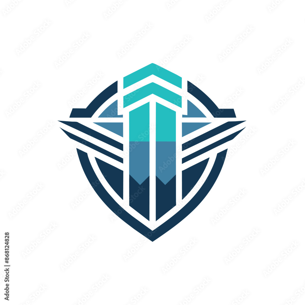 Aufkleber a blue and white logo featuring a prominent arrow symbol, use clean lines and a monochromatic color 