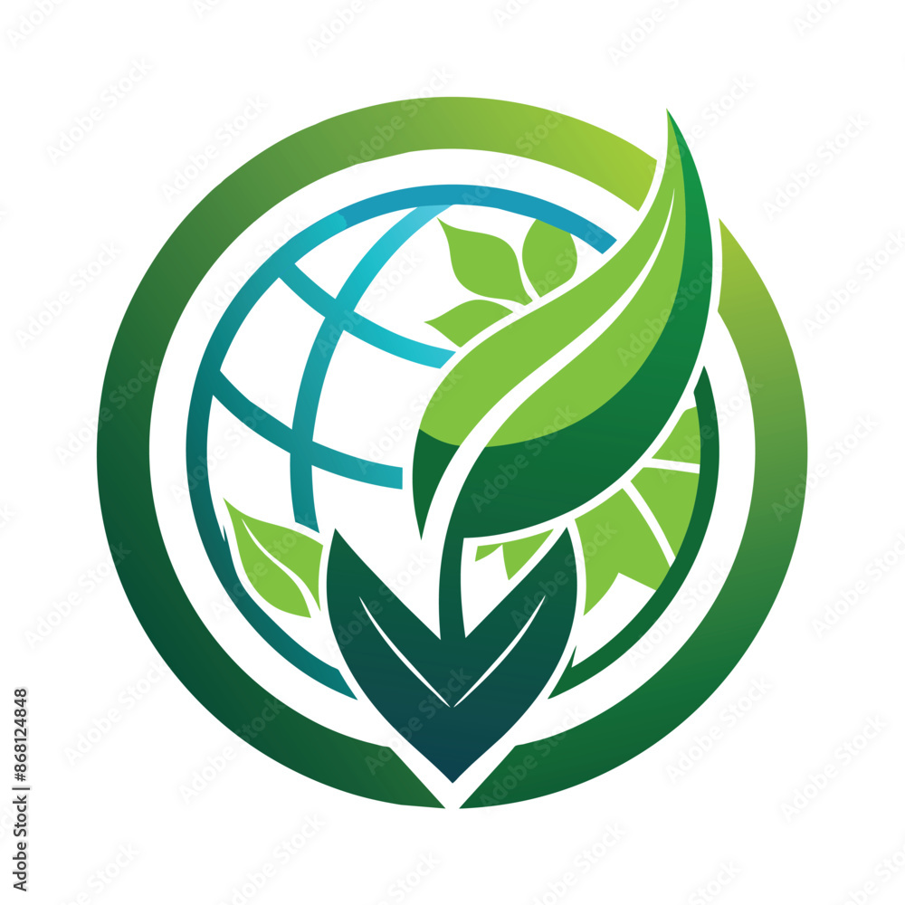 Poster a green leaf intersects with a blue globe, creating a logo design with clean lines and negative spac