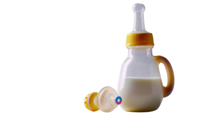 Baby Bottle with Milk and Pacifier on transparent background