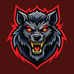 A menacing black wolf showing its sharp fangs and glowing red eyes, Werewolf Logo, Vector Illustration