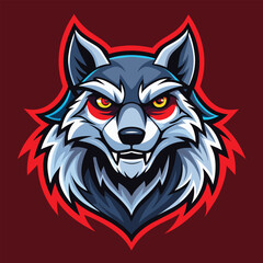 Obraz premium A fierce wolfs head with glowing red eyes set against a vibrant red backdrop, wolves mascot esport logo character design