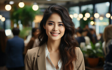 Obraz premium A young Asian businesswoman stands in a modern office setting, smiling confidently at the camera. The background is blurred with office lights and colleagues