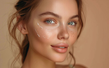 Naklejka premium A beautiful young woman with clean, fresh skin applies facial moisturizer to her cheek