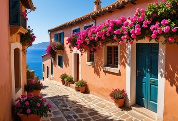 charming alleyway leading to the sea, featuring rustic houses with terracotta roofs, walls draped in fuchsia flowers, and a panoramic ocean backdrop under bright sunlight.