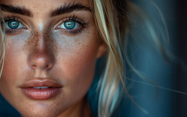 Fototapeta premium A close-up portrait of a woman with freckles and blue eyes