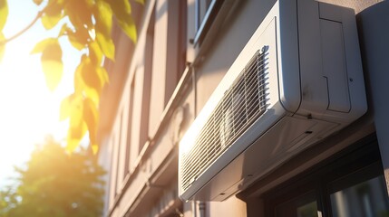 Obraz premium This is a photo of an air conditioner outdoors. It is a close-up shot, and the sun is shining