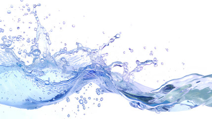 Blue water swirl splash with little bubbles isolated on clear white background, liquid flowing in form of wave
