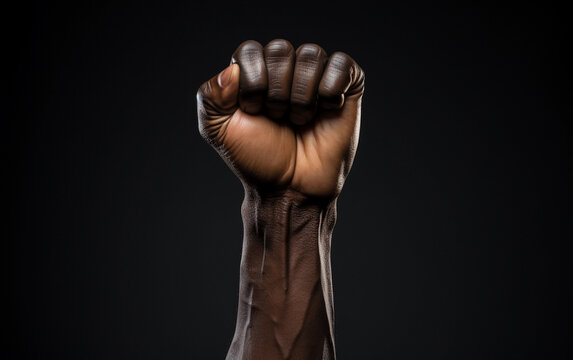 A close-up photograph of a black clenched fist raised high against a dark background. The fist is a symbol of strength and resistance