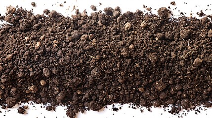 Ultra-clear top view of fertile garden soil, presented on a white background with enhanced focus stacking to emphasize texture and detail