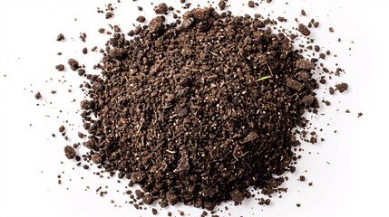 Top view of nutrient-rich garden soil, featuring detailed textures and depth with focus stacking, set against a white background