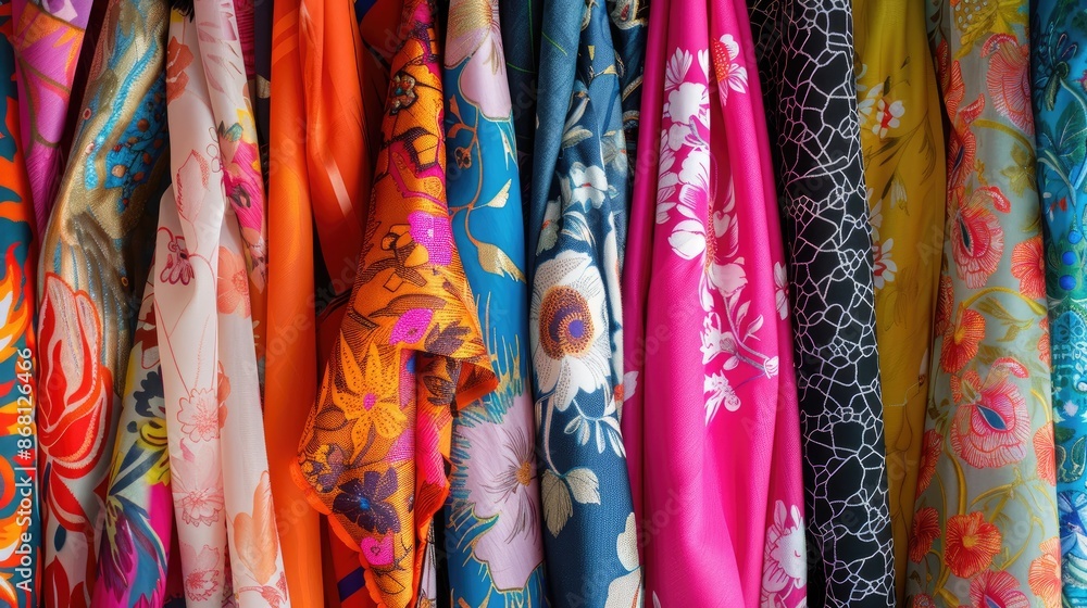 Poster fabrics displayed on a bright backdrop