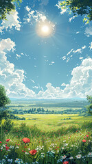 Obraz premium A beautiful landscape with a bright sun shining through the clouds