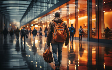 A man walks through a shopping mall, carrying a backpack and a bag. Other shoppers are blurred in the background
