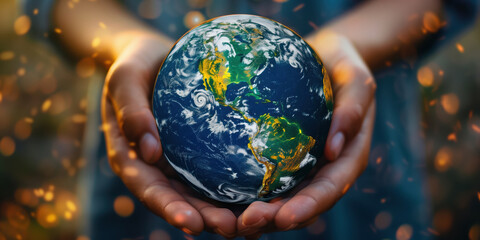 Fototapeta premium A pair of hands holding an earth sphere. Representation of climate change.
