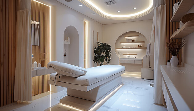 A minimalist aesthetic clinic room. white walls with soft, ambient lighting. Include a sleek treatment bed in the center, with modern medical equipment neatly organized around it. Generative AI.