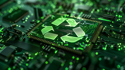 Fototapeta premium Concept of green technology. green recycle sign on circuit board technology innovations. Environment Green Technology Computer Chip.Green Computing