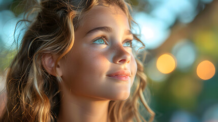 Dreamy Young Girl Gazing into the Distance with Soft Sunset Lighting and a Background of Warm Bokeh