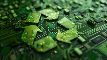 Concept of green technology. green recycle sign on circuit board technology innovations. Environment Green Technology Computer Chip.Green Computing