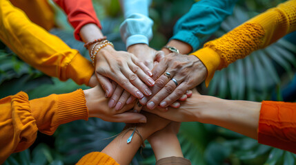 Close up of people hands from team building at wellness retreat with community and support