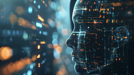 Digital illustration of an AI head in profile, composed entirely from digital data and code, set against the backdrop of a futuristic cityscape at night.