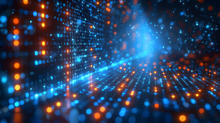 Obraz premium Abstract digital background with blue and red binary code. Futuristic technology and data concept with glowing dots and lines