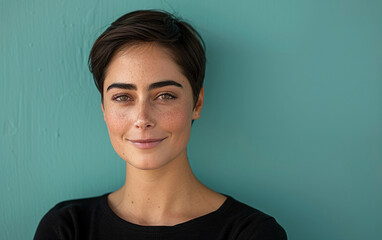 Fototapeta premium Portrait of a young adult with short, dark hair smiling at the camera while standing in front of a turquoise wall