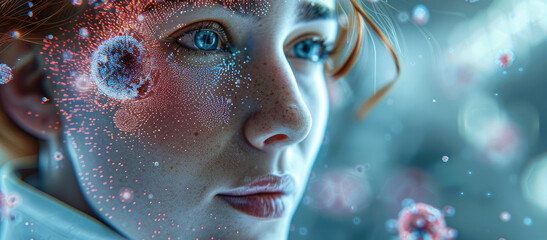 Artificial Intelligence assists human intelligence in histopathology an reduces human error by technological accuracy. face woman. Generative AI.