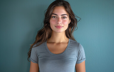 Obraz premium A young Arab transgender woman with long brown hair and a light complexion smiles confidently at the camera, wearing a grey t-shirt