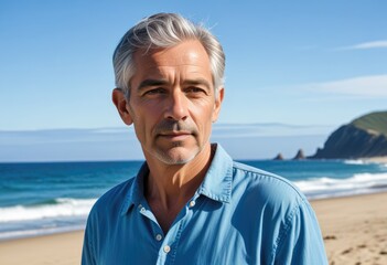 individual with grey hair in casual beach attire, with the ocean&rsquo;s blue hues and a distant landmass visible behind them.