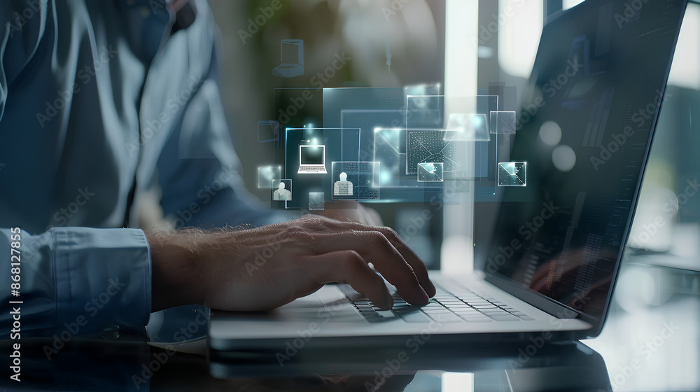 Poster erp, document management concept.businessman working with laptop computer with icons on virtual scre