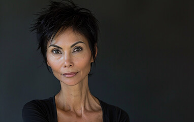 A portrait of a transgender woman, likely middle-aged, with short dark hair and a neutral expression. The photo appears to be taken in Central Asia