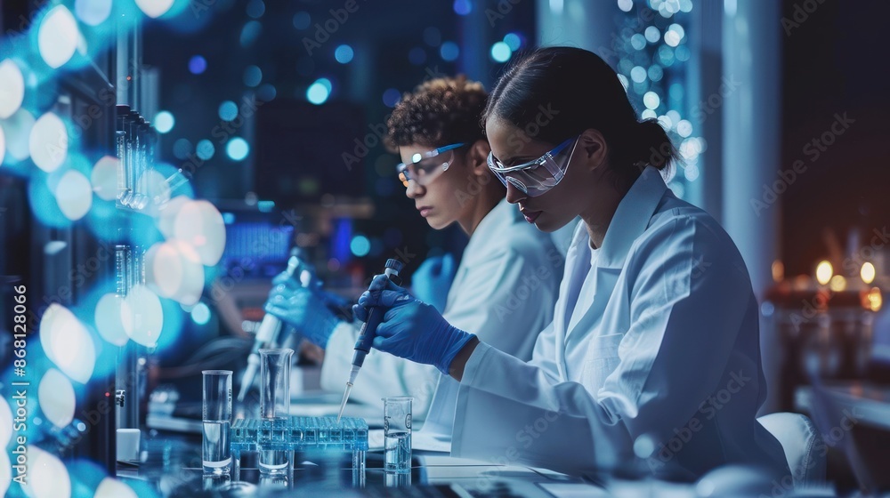 Poster scientists working in a modern laboratory